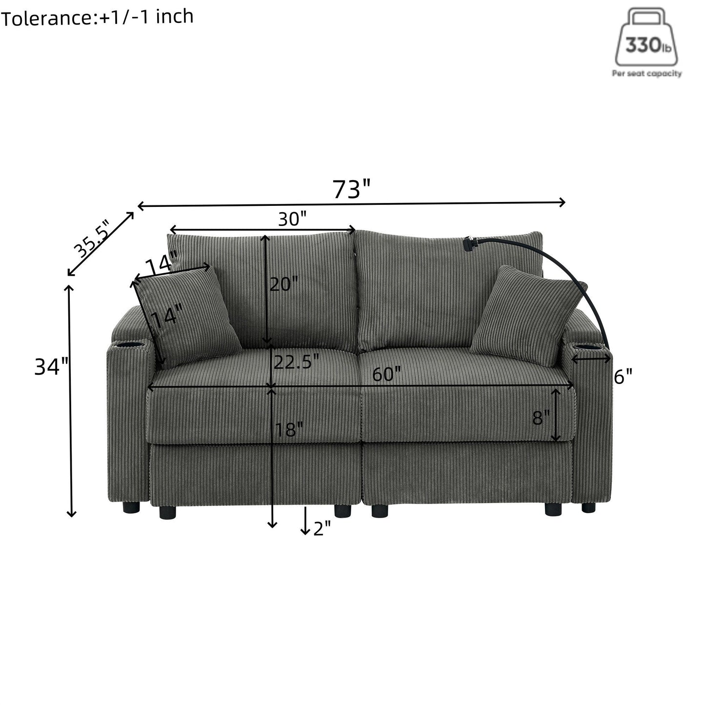 73 Corduroy Modern 2-Seater Sofa Deep Seat with Cup Holders & Phone Holder