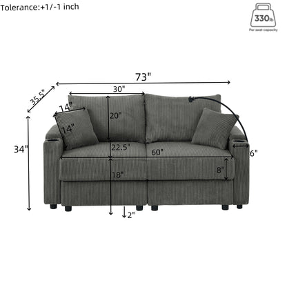 73 Corduroy Modern 2-Seater Sofa Deep Seat with Cup Holders & Phone Holder