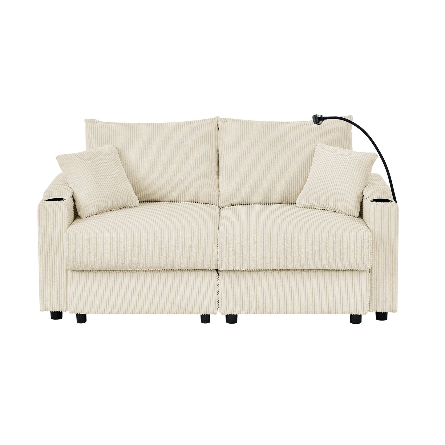 73 Corduroy Modern 2-Seater Sofa Deep Seat with Cup Holders & Phone Holder