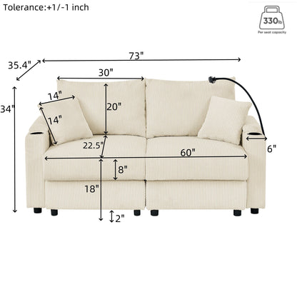73 Corduroy Modern 2-Seater Sofa Deep Seat with Cup Holders & Phone Holder