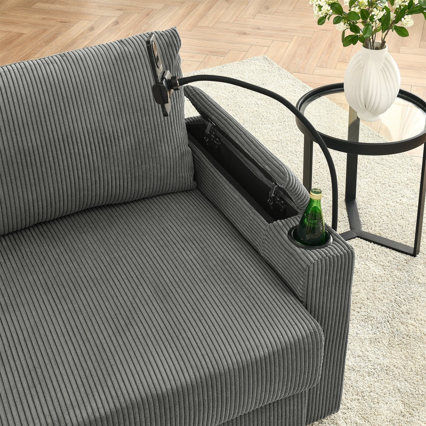73 Corduroy Modern 2-Seater Sofa Deep Seat with Cup Holders & Phone Holder