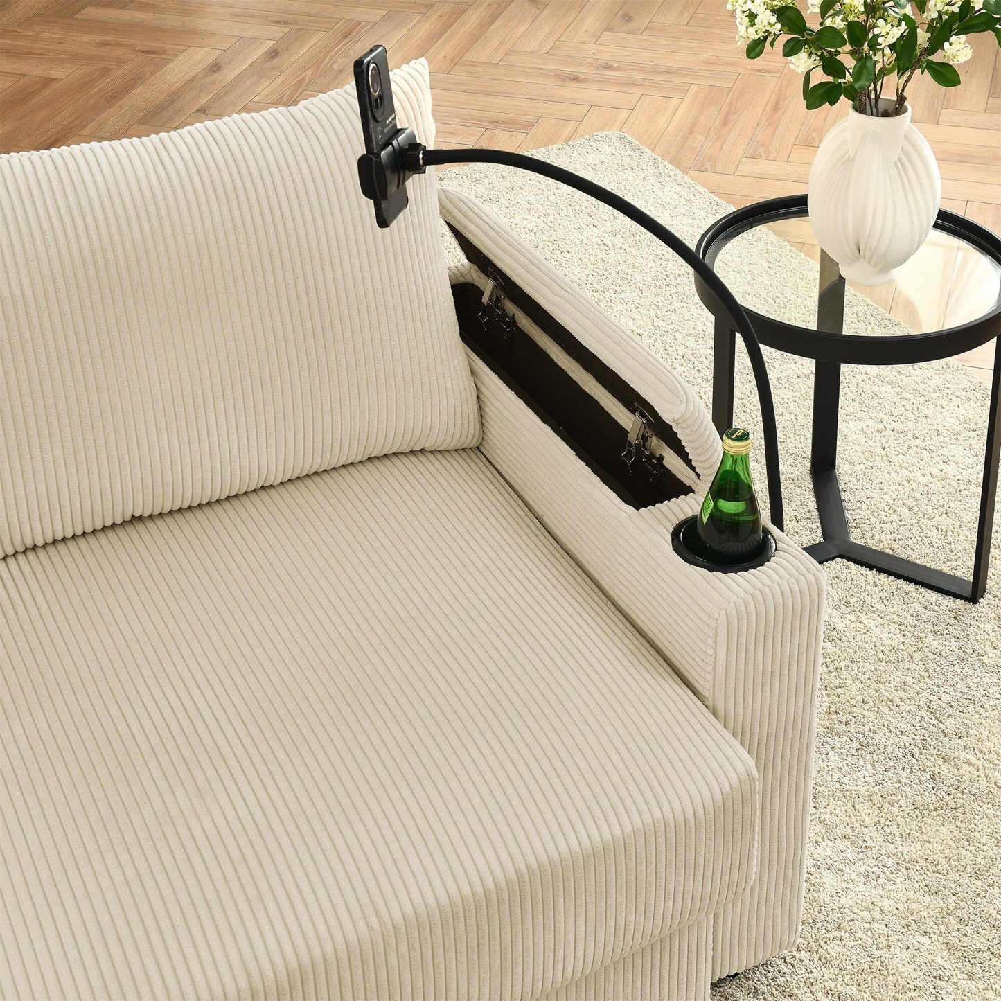 73 Corduroy Modern 2-Seater Sofa Deep Seat with Cup Holders & Phone Holder