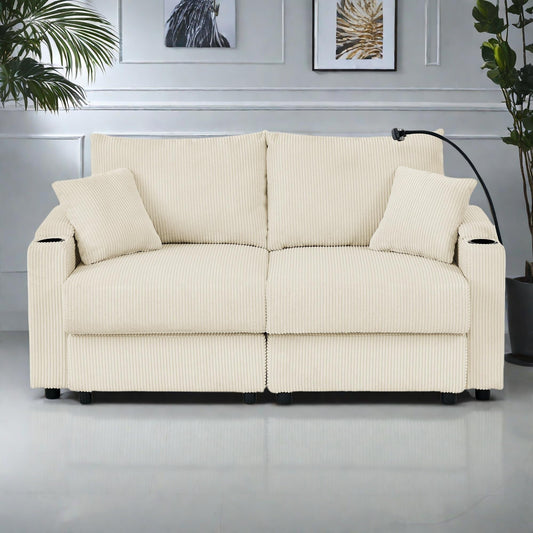 73 Corduroy Modern 2-Seater Sofa Deep Seat with Cup Holders & Phone Holder