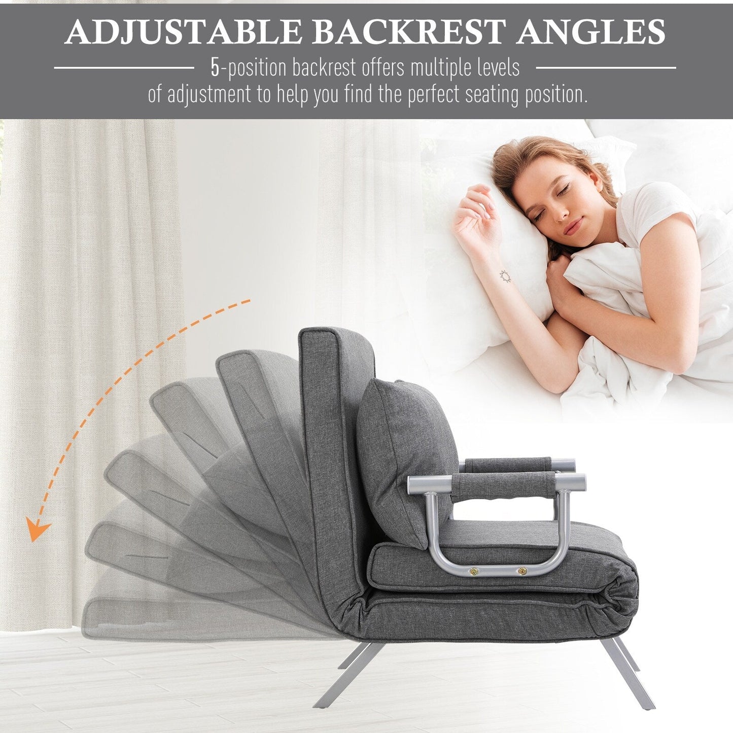 73 Single Person Folding 5 Position Convertible Sofa Bed with Pillow and Steel Frame for Home Office