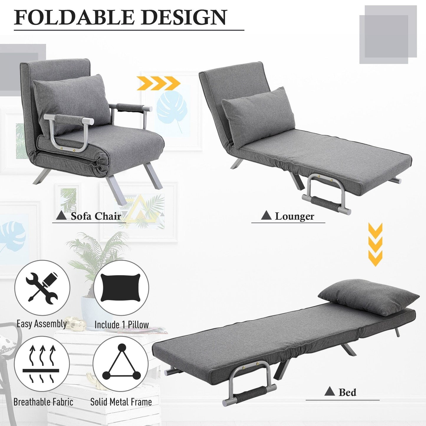 73 Single Person Folding 5 Position Convertible Sofa Bed with Pillow and Steel Frame for Home Office