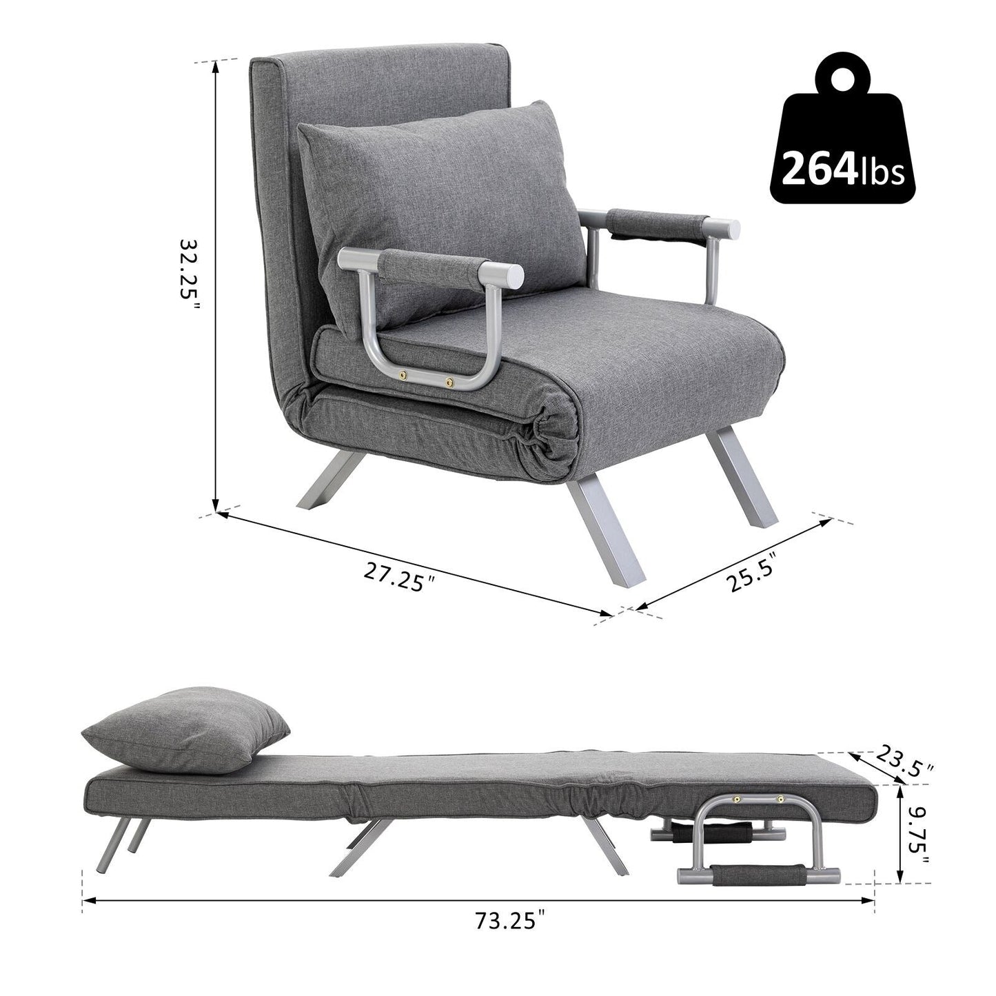 73 Single Person Folding 5 Position Convertible Sofa Bed with Pillow and Steel Frame for Home Office