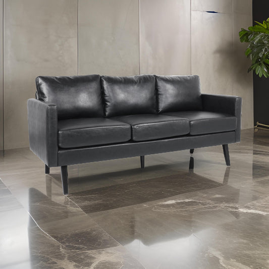 74 Inch Sofa, Black Faux Leather Upholstery, Cushioned, Retro Square Arms