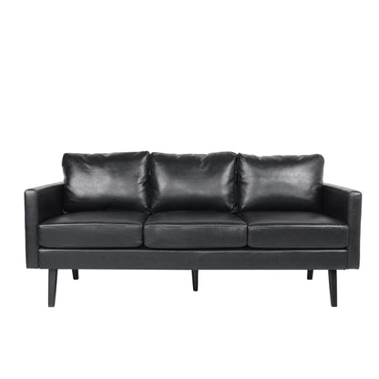 74 Inch Sofa, Black Faux Leather Upholstery, Cushioned, Retro Square Arms