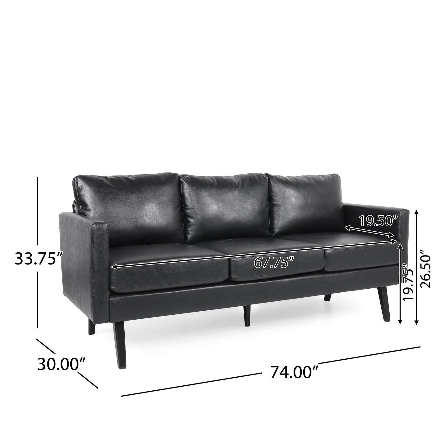 74 Inch Sofa, Black Faux Leather Upholstery, Cushioned, Retro Square Arms