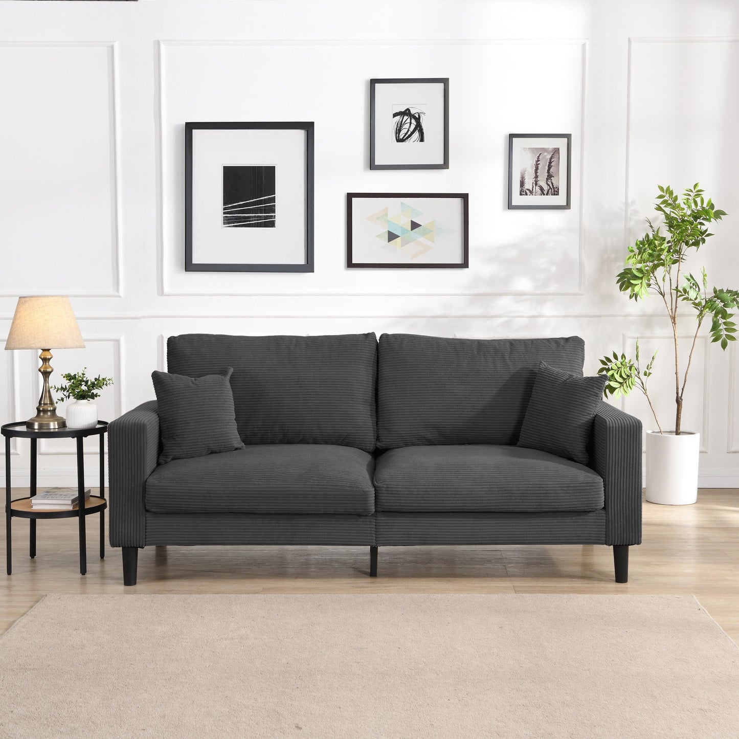 74 inch High Resilience 3 Seater Sofa Wooden Frame Comfy Modern Upholstered Dark Gray