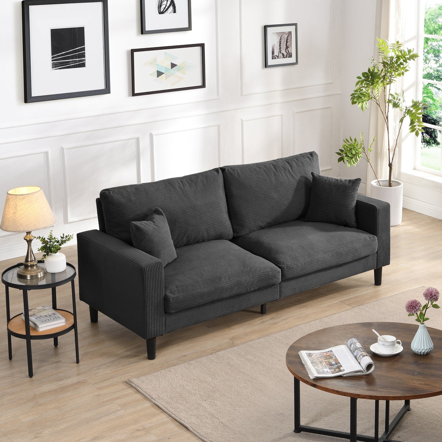 74 inch High Resilience 3 Seater Sofa Wooden Frame Comfy Modern Upholstered Dark Gray