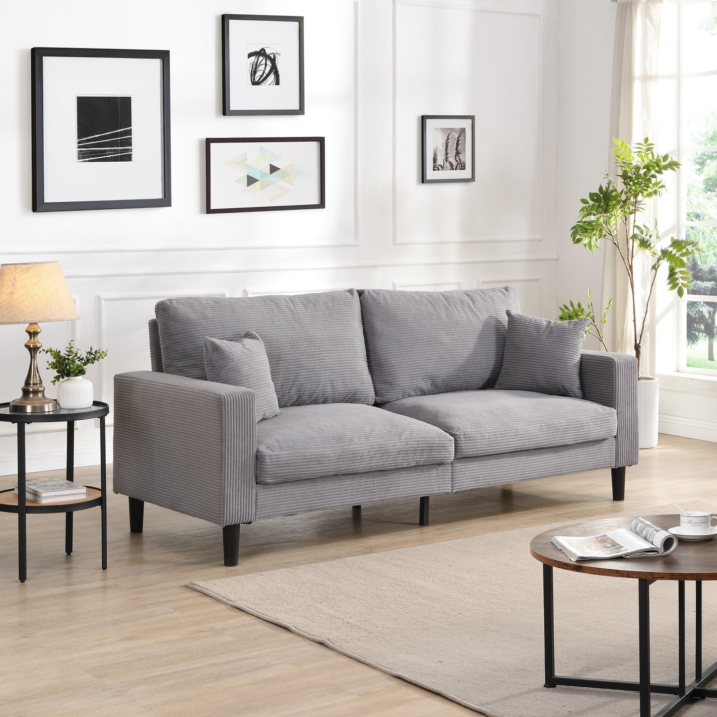74 inch High Resilience 3 Seater Sofa Wooden Frame Comfy Modern Upholstered Light Gray