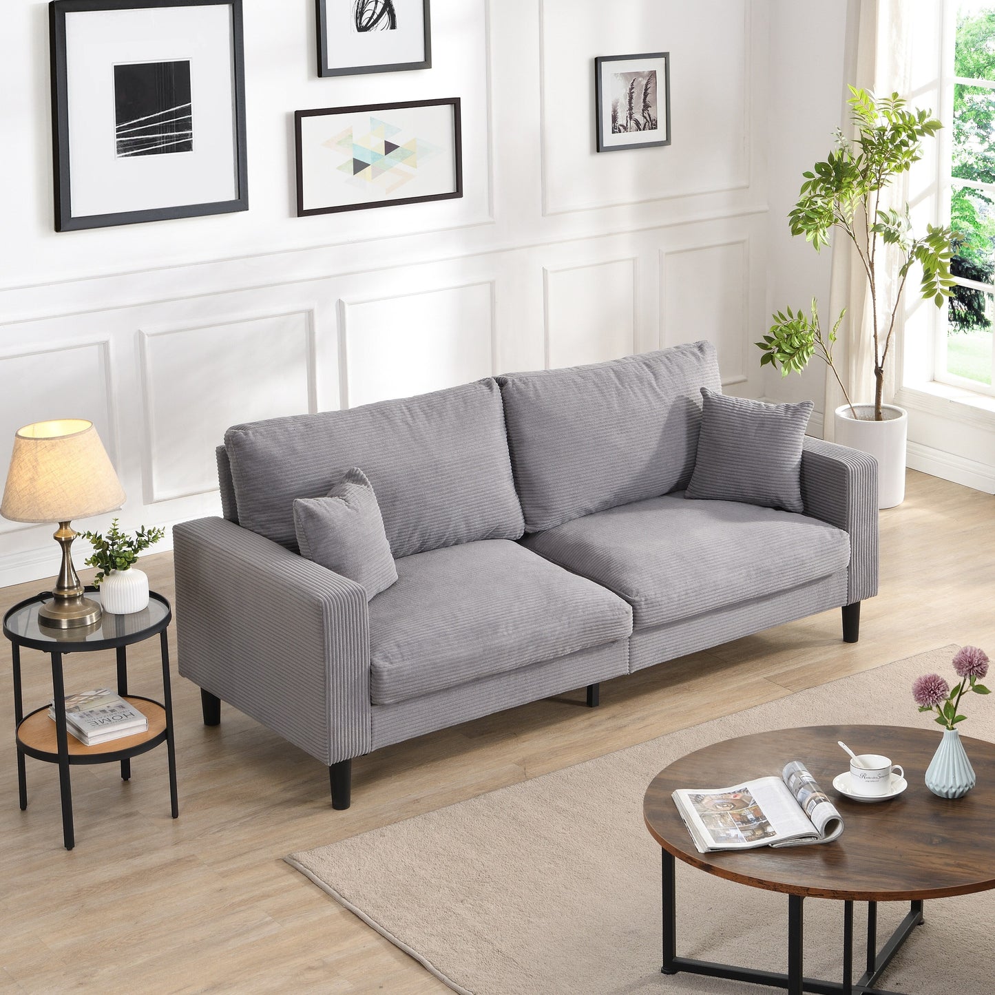 74 inch High Resilience 3 Seater Sofa Wooden Frame Comfy Modern Upholstered Light Gray
