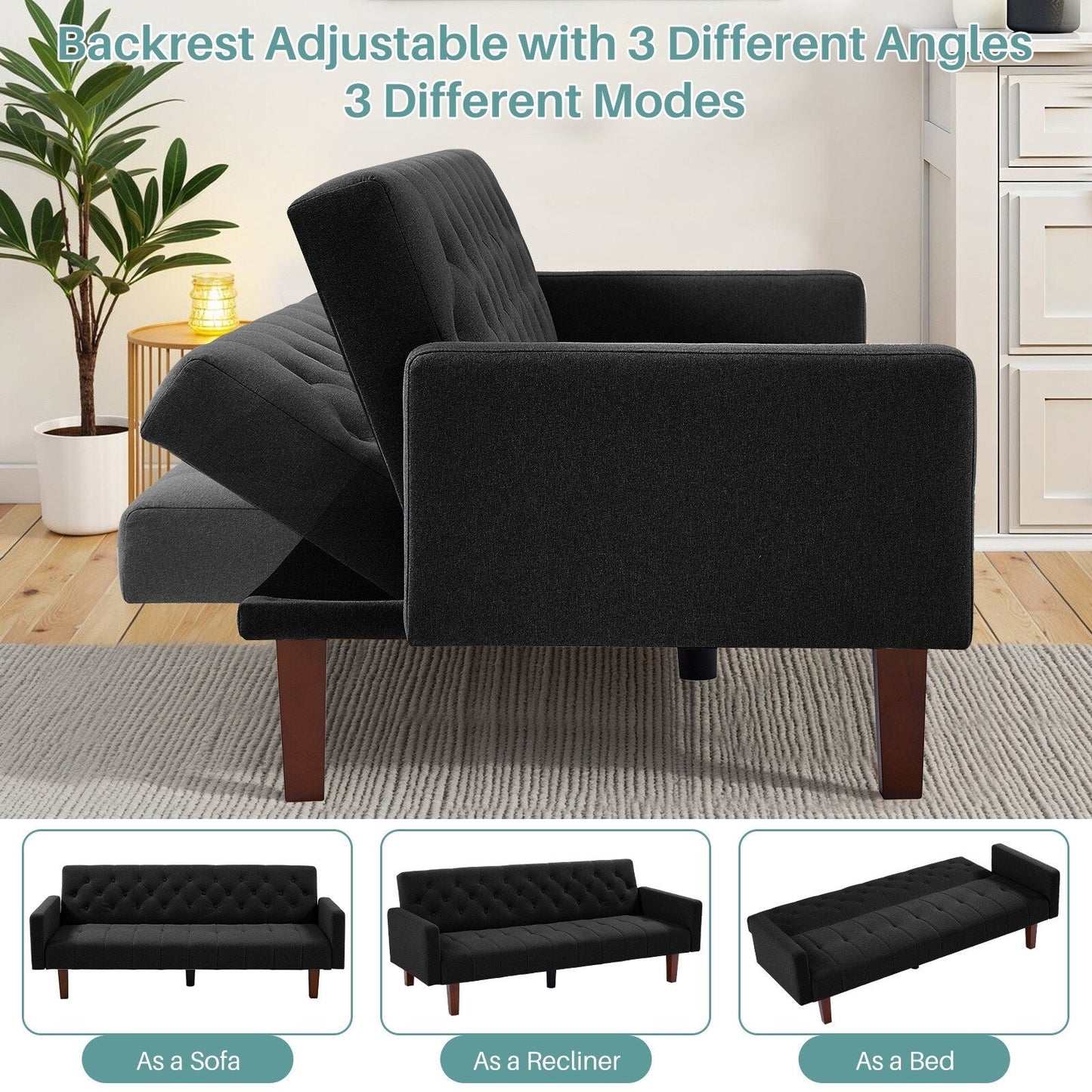 74.41 in. Linen Twin Size Futon Sofa Bed Convertible Loveseat Couch with Adjustable Backrest - 74.41 x 32.68 x 28.94