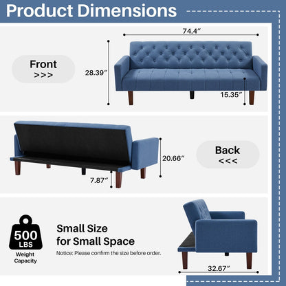 74.41 in. Linen Twin Size Futon Sofa Bed Convertible Loveseat Couch with Adjustable Backrest - 74.41 x 32.68 x 28.94
