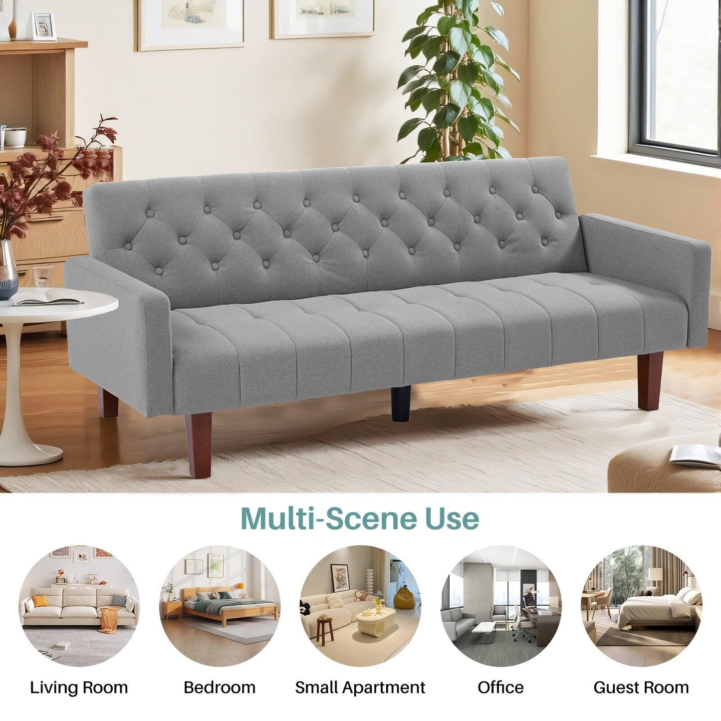 74.41 in. Linen Twin Size Futon Sofa Bed Convertible Loveseat Couch with Adjustable Backrest - 74.41 x 32.68 x 28.94