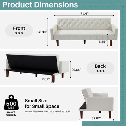 74.41 in. Linen Twin Size Futon Sofa Bed Convertible Loveseat Couch with Adjustable Backrest - 74.41 x 32.68 x 28.94