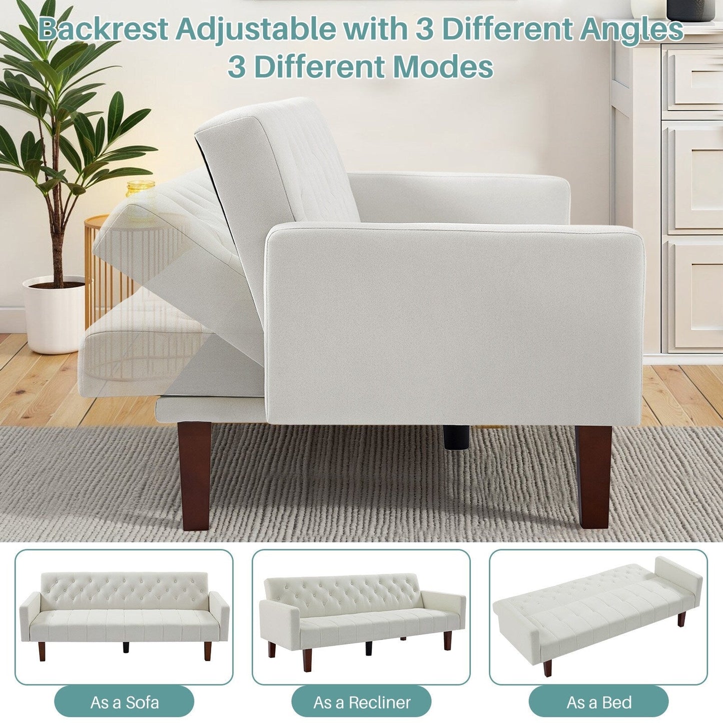 74.41 in. Linen Twin Size Futon Sofa Bed Convertible Loveseat Couch with Adjustable Backrest - 74.41 x 32.68 x 28.94