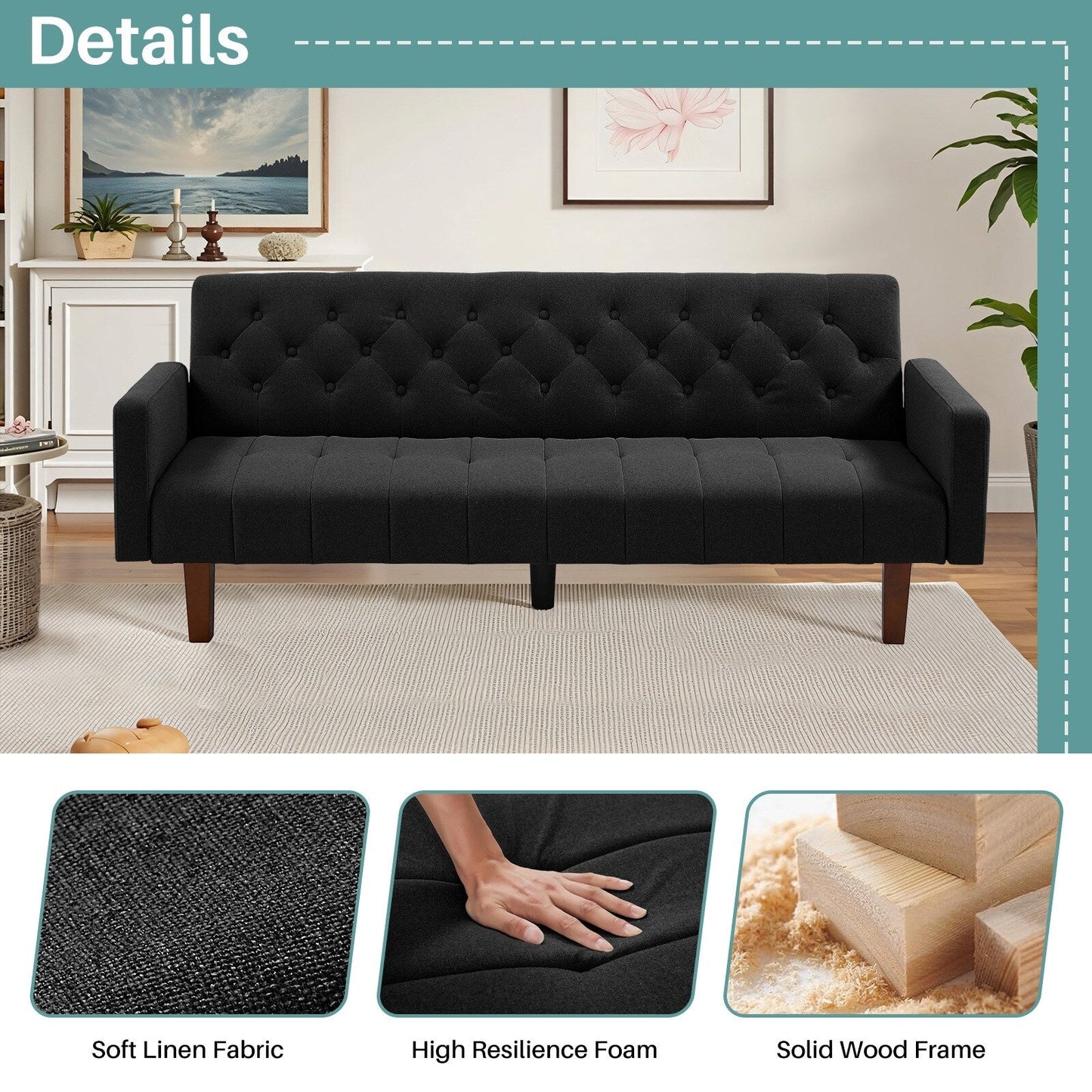 74.41 in. Linen Twin Size Futon Sofa Bed Convertible Loveseat Couch with Adjustable Backrest - 74.41 x 32.68 x 28.94