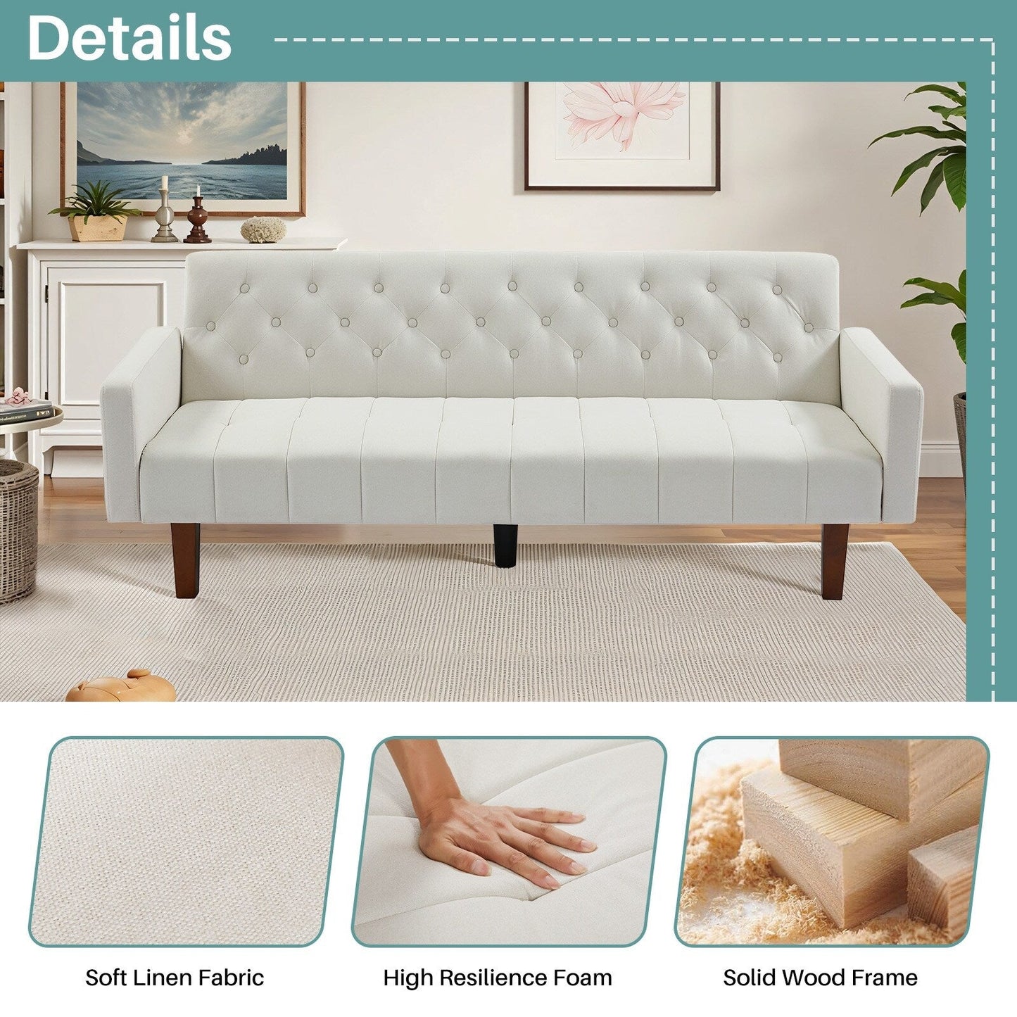 74.41 in. Linen Twin Size Futon Sofa Bed Convertible Loveseat Couch with Adjustable Backrest - 74.41 x 32.68 x 28.94