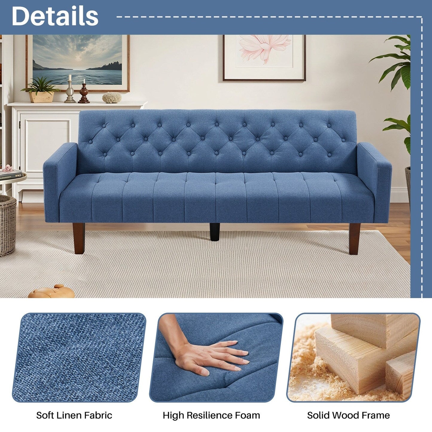 74.41 in. Linen Twin Size Futon Sofa Bed Convertible Loveseat Couch with Adjustable Backrest - 74.41 x 32.68 x 28.94