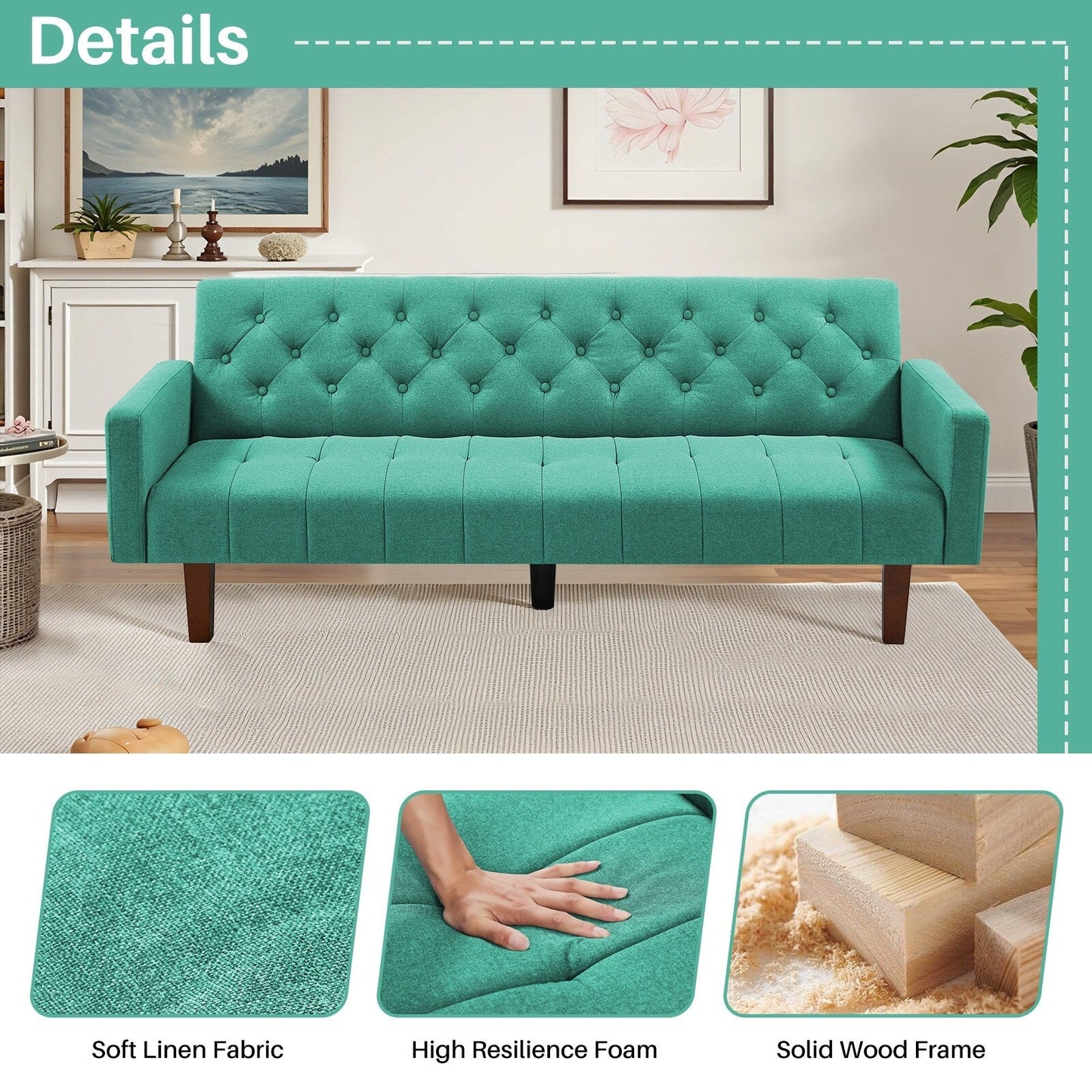 74.41 in. Linen Twin Size Futon Sofa Bed Convertible Loveseat Couch with Adjustable Backrest - 74.41 x 32.68 x 28.94