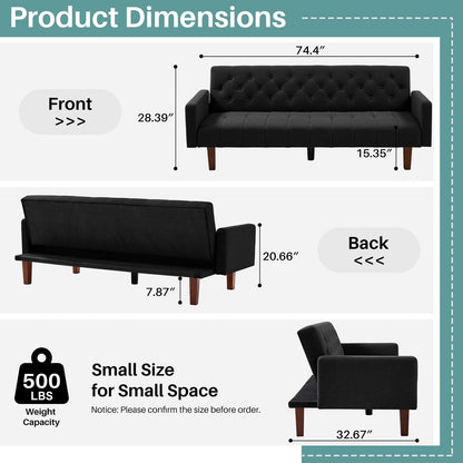 74.41 in. Linen Twin Size Futon Sofa Bed Convertible Loveseat Couch with Adjustable Backrest - 74.41 x 32.68 x 28.94