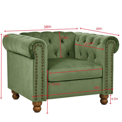 74.5 Velvet 3-Seater Sofa with Button Tufted Backrest, Scrolled Arms, Turned Legs, and Classic Design