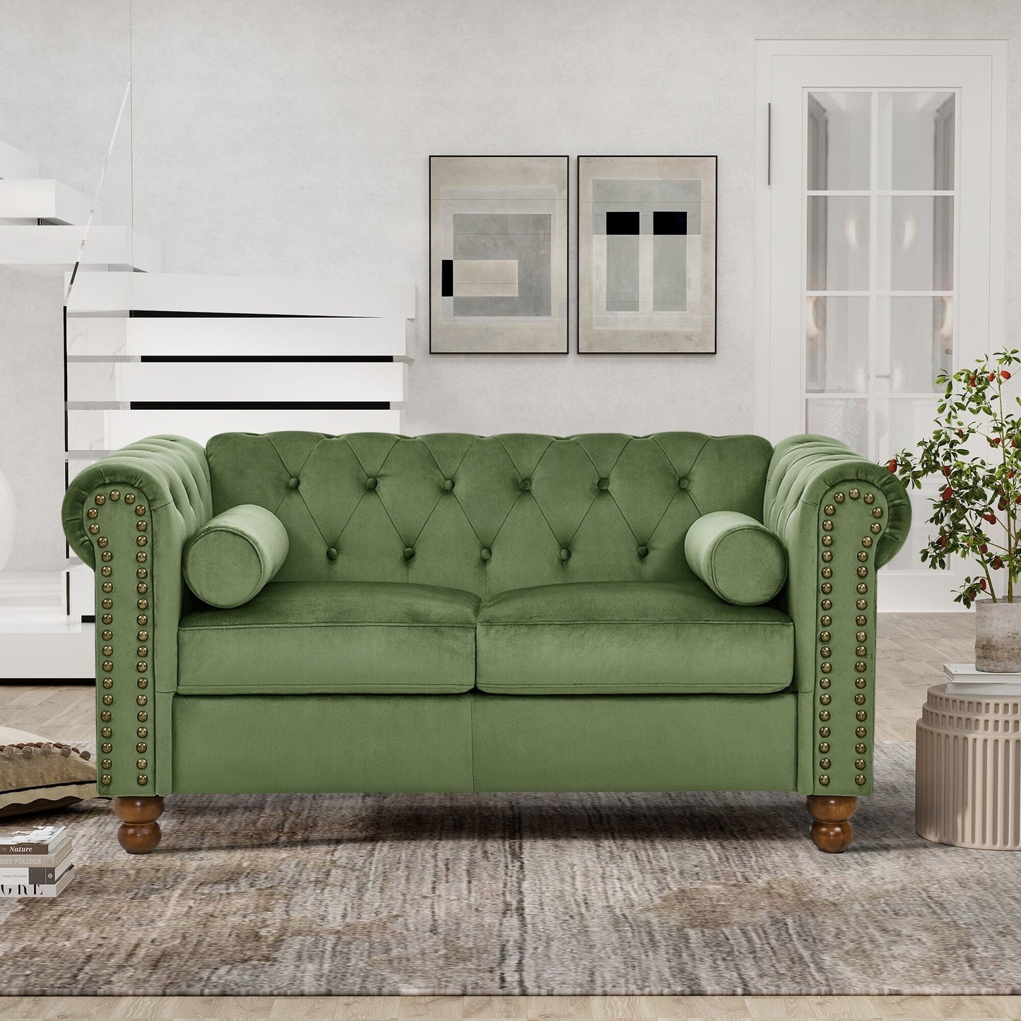 74.5 Velvet 3-Seater Sofa with Button Tufted Backrest, Scrolled Arms, Turned Legs, and Classic Design