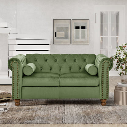 74.5 Velvet 3-Seater Sofa with Button Tufted Backrest, Scrolled Arms, Turned Legs, and Classic Design