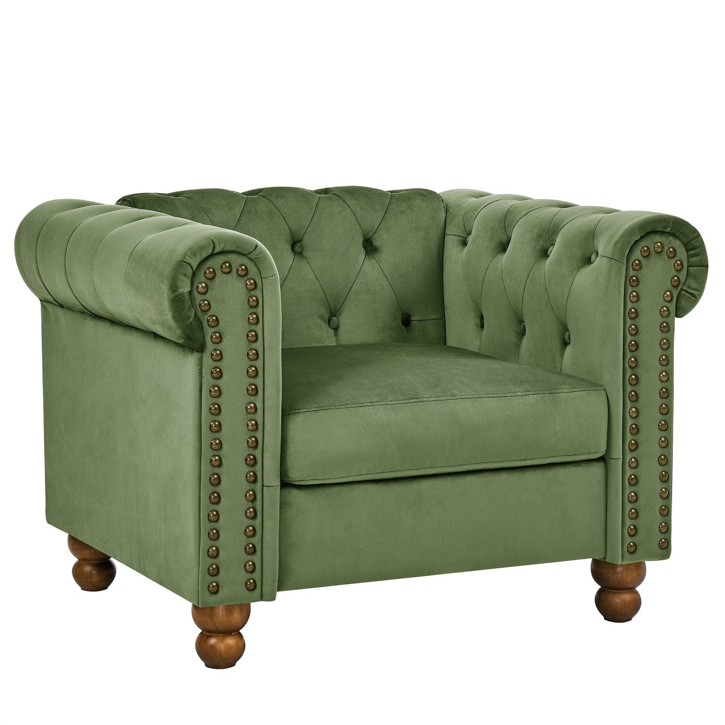 74.5 Velvet 3-Seater Sofa with Button Tufted Backrest, Scrolled Arms, Turned Legs, and Classic Design