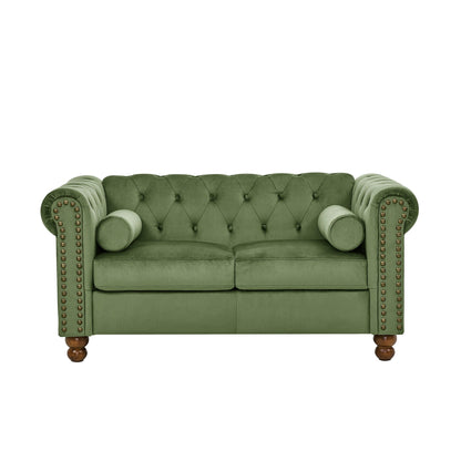 74.5 Velvet 3-Seater Sofa with Button Tufted Backrest, Scrolled Arms, Turned Legs, and Classic Design