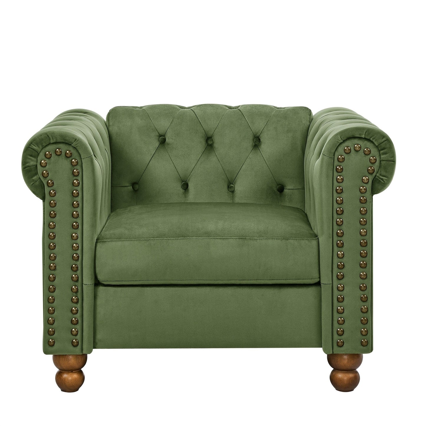 74.5 Velvet 3-Seater Sofa with Button Tufted Backrest, Scrolled Arms, Turned Legs, and Classic Design