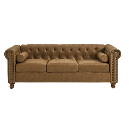 74.5'' Fabric 3-Seater Sofa with Tufted Back, Dual Headrests, and Solid Wooden Frame