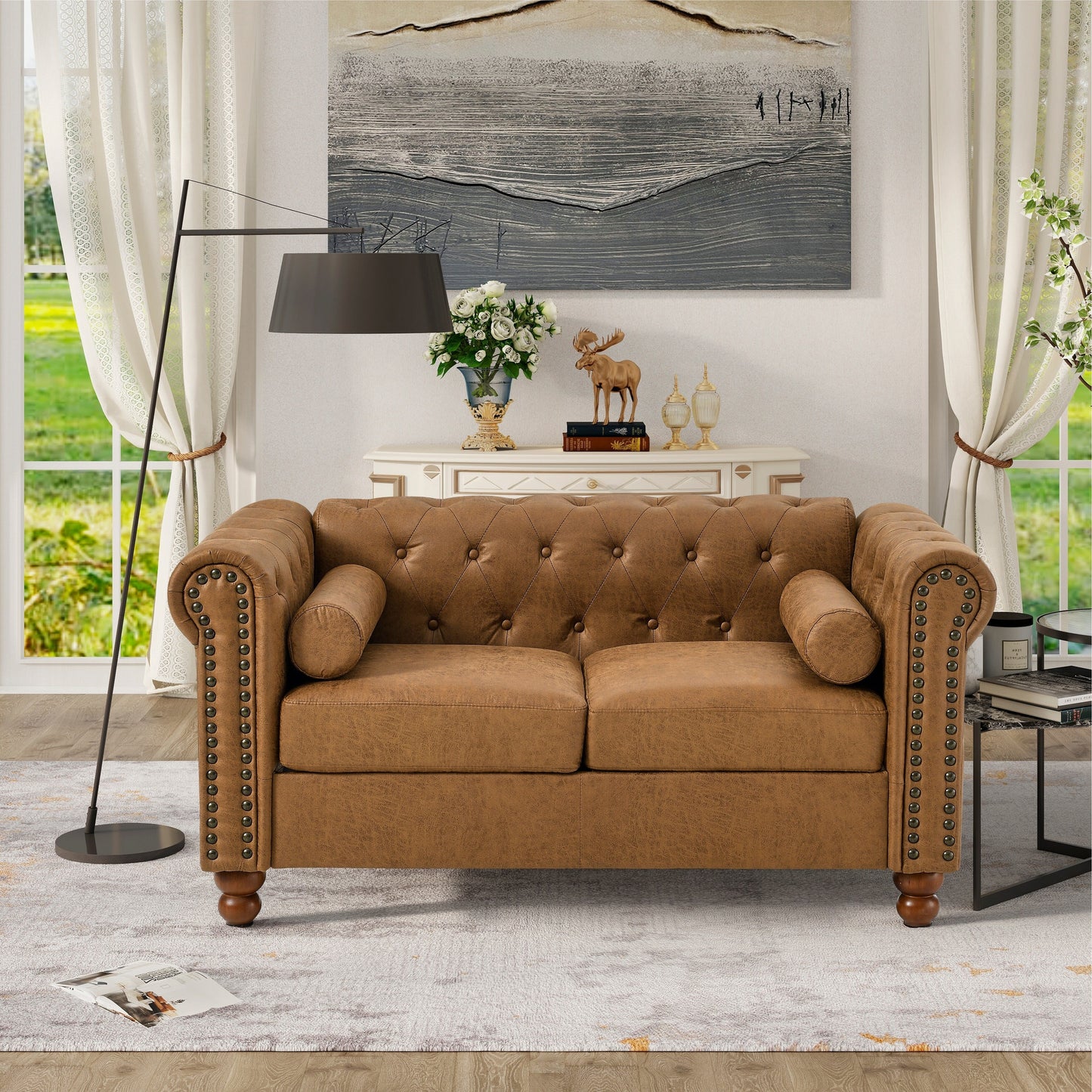 74.5'' Fabric 3-Seater Sofa with Tufted Back, Dual Headrests, and Solid Wooden Frame