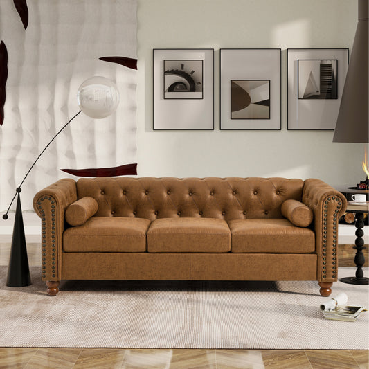 74.5'' Fabric 3-Seater Sofa with Tufted Back, Dual Headrests, and Solid Wooden Frame