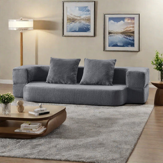 74.81 faux fur Multi-Functional 3-in-1 Floor 3-Seater Sofa - Converts to Bed and Mattress with High-Density Memory Sponge