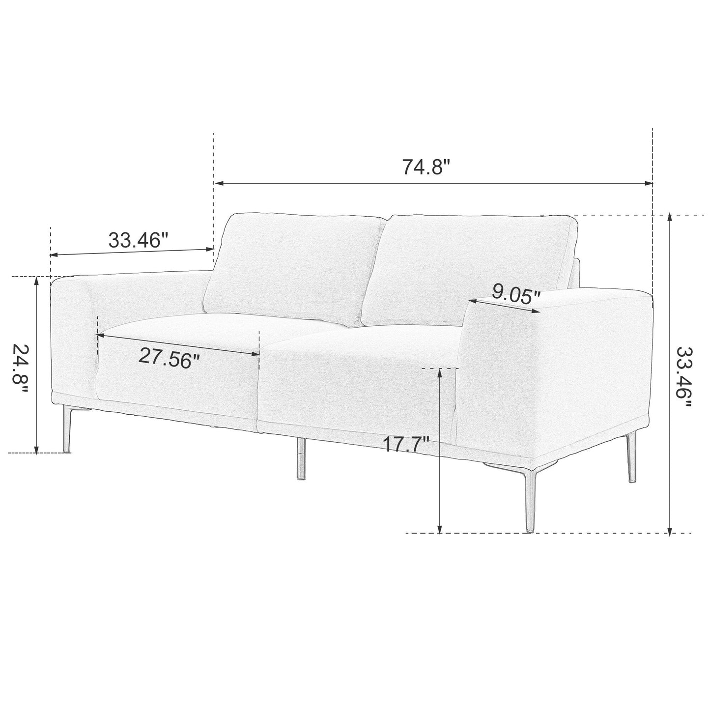 74.8'' Fabric Loveseat Sofa with Removable Cushions, Metal Legs, and Contemporary Square Arms