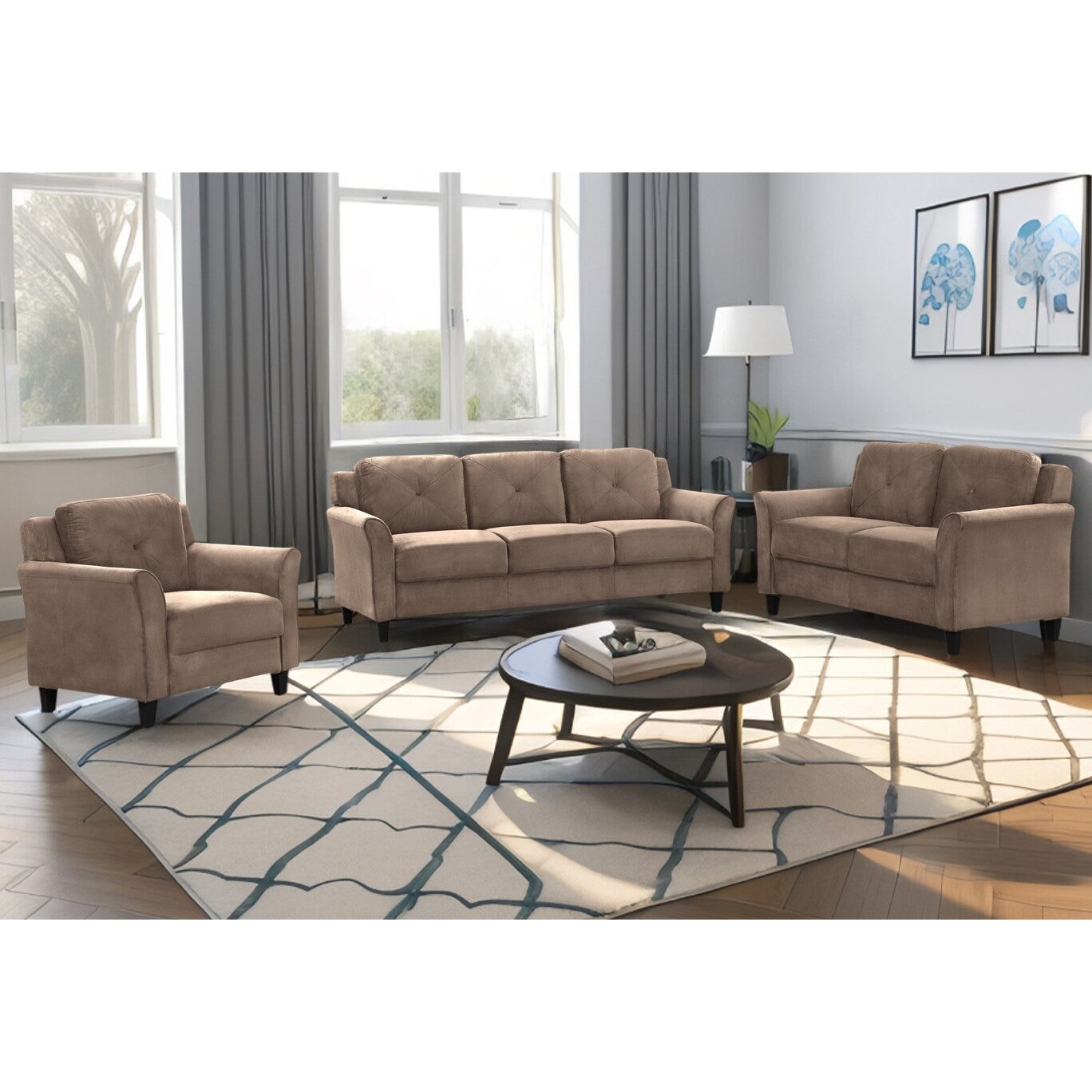 74.9 Polyester 3-seater Sofa With Solid Wood Frame and High Elastic Sponges Cushion for Living Room