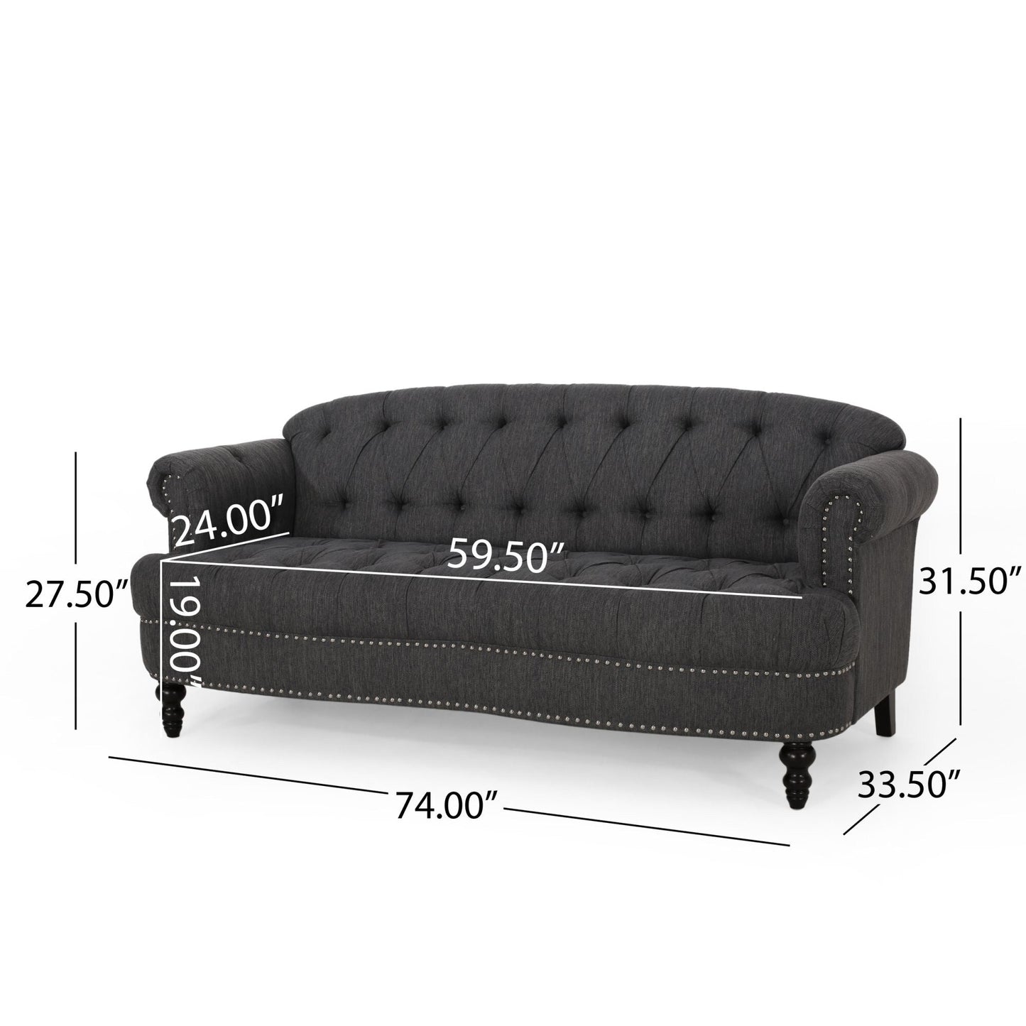 74'' Fabric 3 Seater Sofa Couch with Rivet Accents, Durable Fabric Upholstery, and Spacious Seating for Living Room