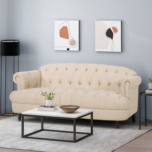 74'' Fabric 3 Seater Sofa Couch with Rivet Accents, Durable Fabric Upholstery, and Spacious Seating for Living Room