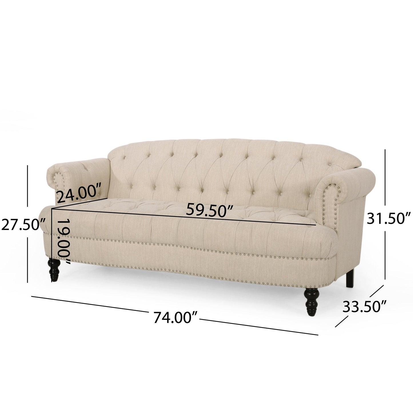 74'' Fabric 3 Seater Sofa Couch with Rivet Accents, Durable Fabric Upholstery, and Spacious Seating for Living Room
