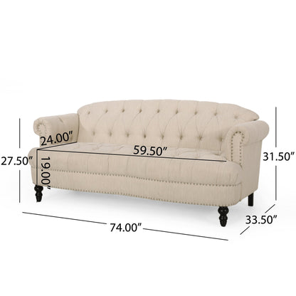 74'' Fabric 3 Seater Sofa Couch with Rivet Accents, Durable Fabric Upholstery, and Spacious Seating for Living Room