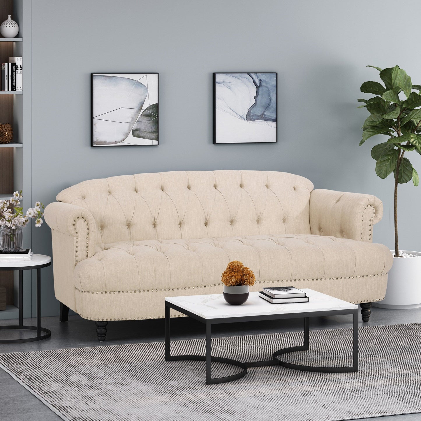 74'' Fabric 3 Seater Sofa Couch with Rivet Accents, Durable Fabric Upholstery, and Spacious Seating for Living Room