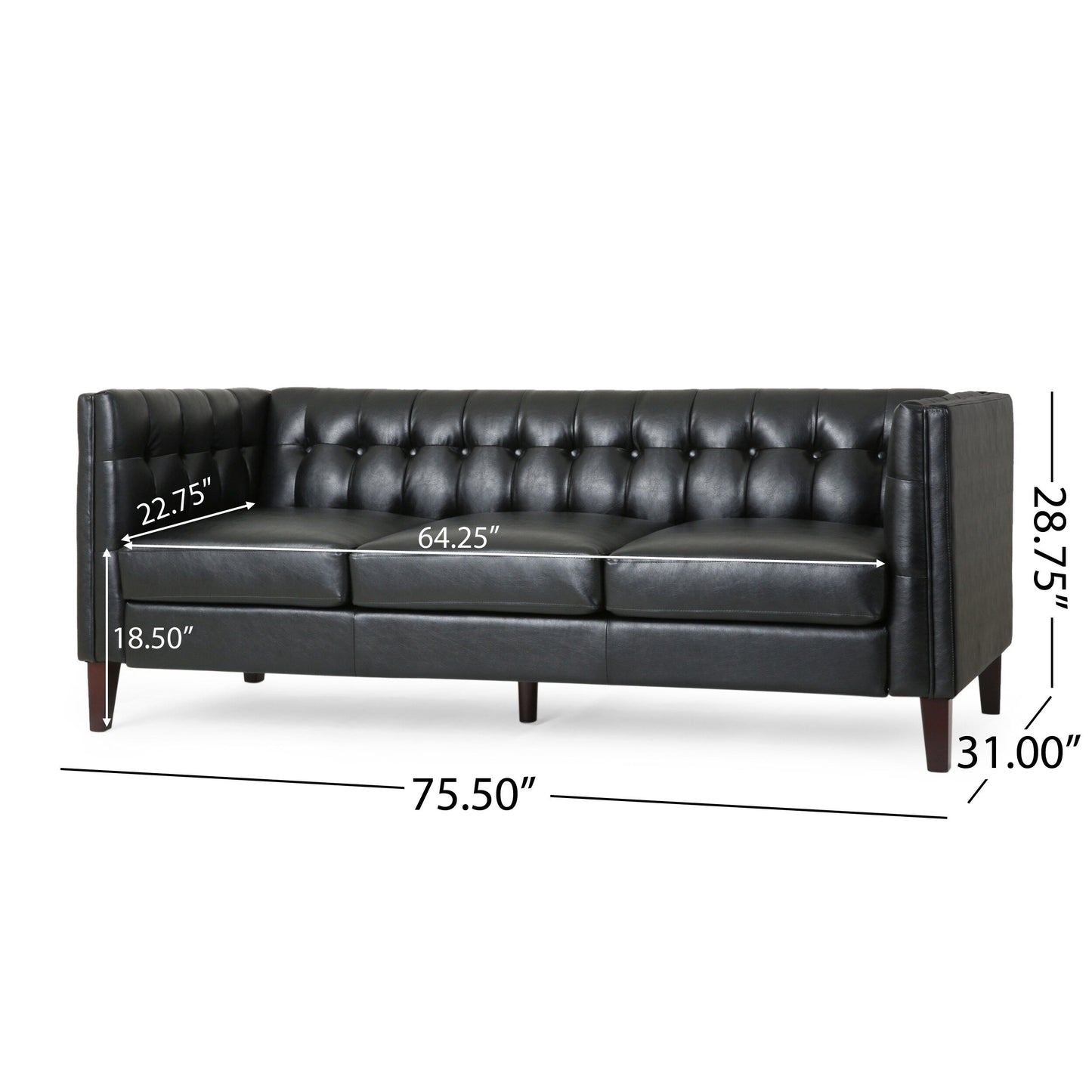 75.5 Faux Leather Button Tufted 3-seater Sofa with Birch Wood Legs for Living Room
