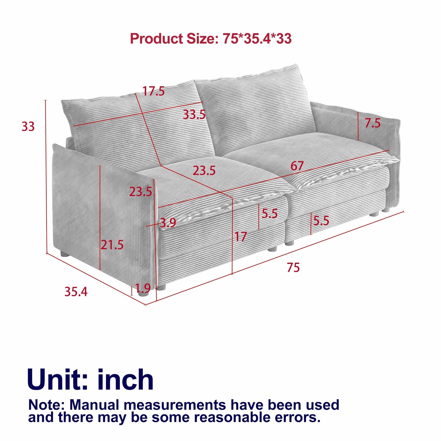 75 Corduroy 2-Seater Sofa Deep Seat with Sofa with 2 Pillow for Living Room