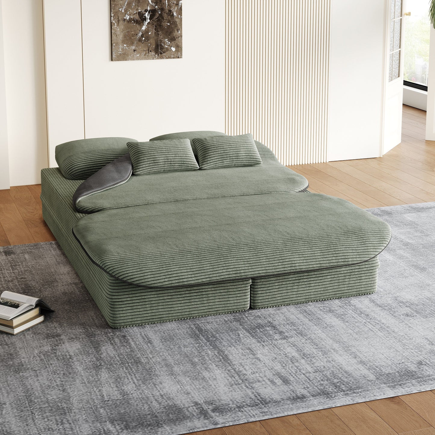 75'' Convertible Sleeper Sofa Bed with Blanket Floor Sofa Lounge Sofa for Living Room