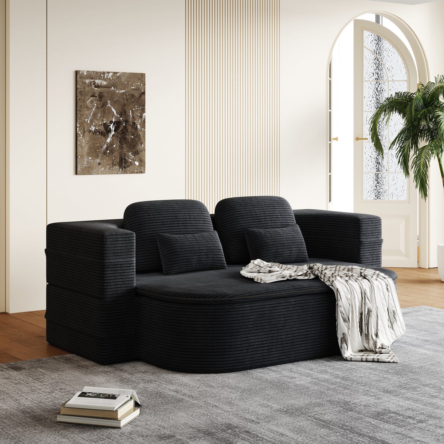 75'' Convertible Sleeper Sofa Bed with Blanket Floor Sofa Lounge Sofa for Living Room