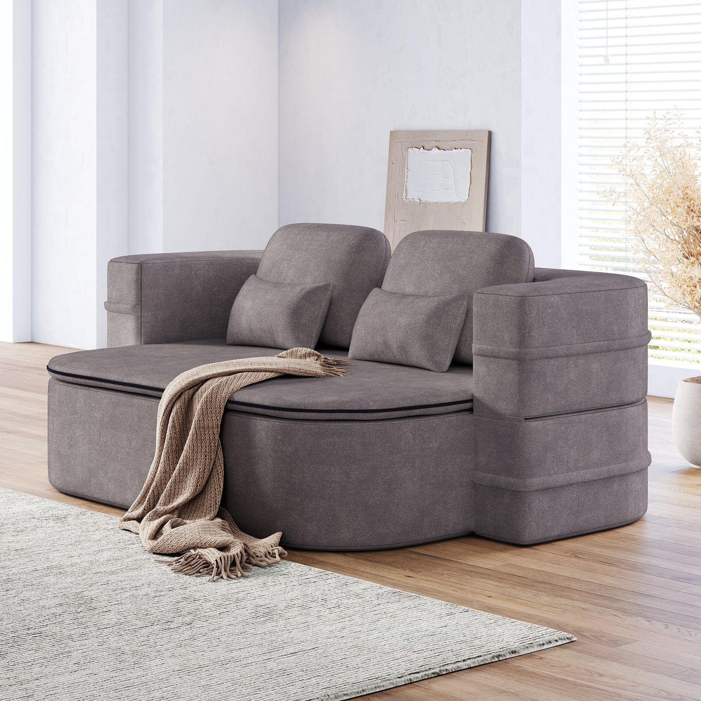 75''2-in-1 Foldable Sofa,Convertible Sleeper Foam Chenille Floor folding Sofa Bed with Multi Functional Blanket,Lounge Sofa