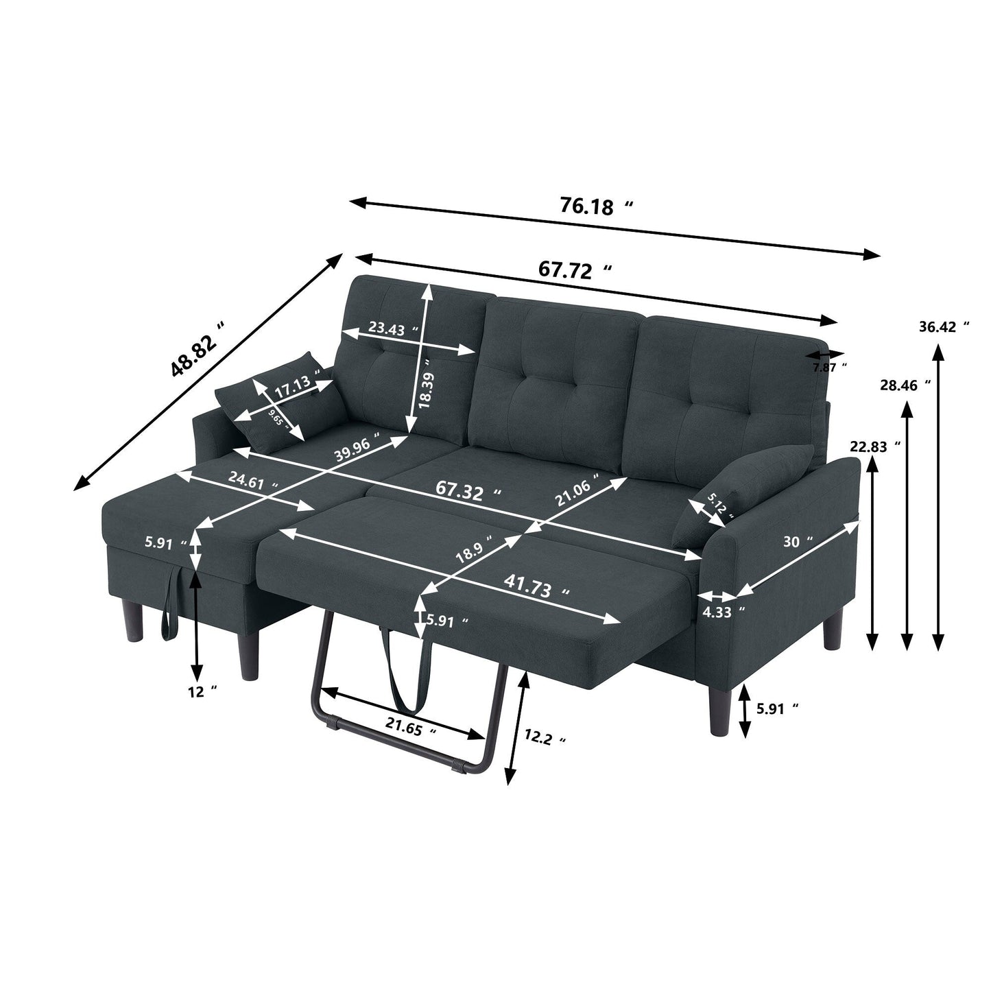 76.18 Upholstered Sleeper Pull Out Sofa Couch with Storage Chaise